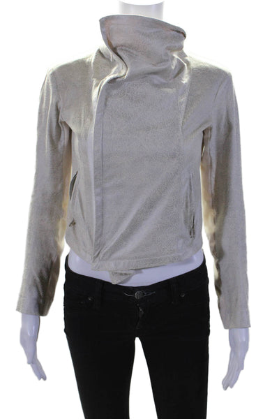 Georgie Womens Long Sleeve Front Zip Faux Leather Jacket White Gray Size XS