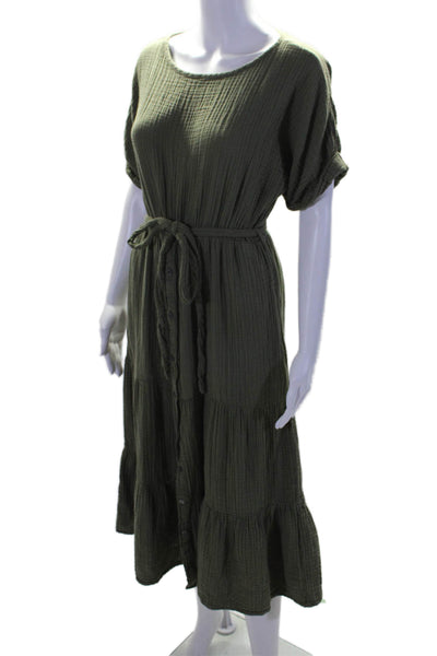 Xirena Womens Short Sleeve Scoop Neck Belted Gauze Midi Dress Green Size Small