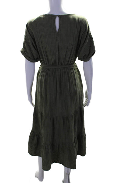 Xirena Womens Short Sleeve Scoop Neck Belted Gauze Midi Dress Green Size Small