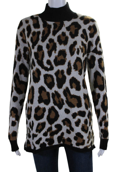 Saks Fifth Avenue Womens Mock Neck Leopard Printed Sweater White Brown Small