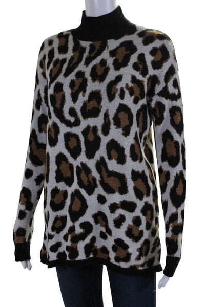 Saks Fifth Avenue Womens Mock Neck Leopard Printed Sweater White Brown Small