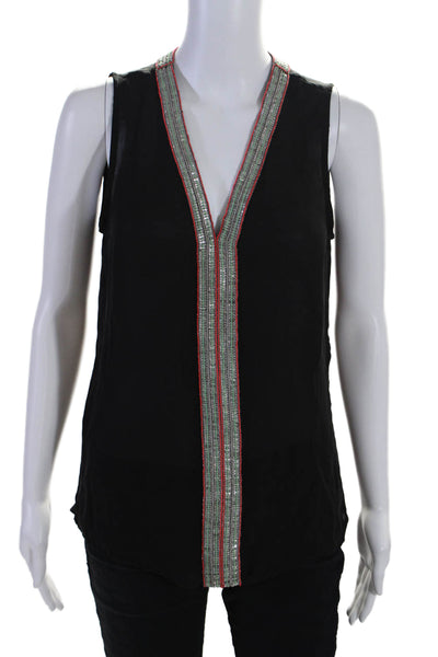 Parker Womens Silk Beaded V Neck Sleeveless Pullover Tank Top Black Size Medium