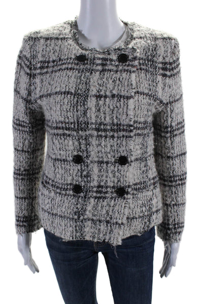 IRO Womens Button Front Scoop Neck Metallic Plaid Tweed Jacket White Gray FR 40