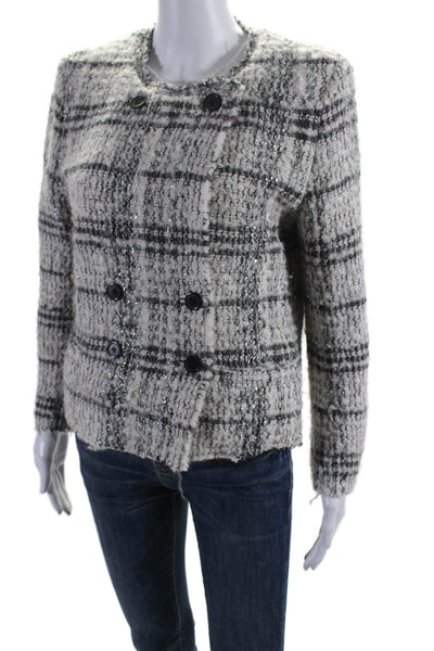 IRO Womens Button Front Scoop Neck Metallic Plaid Tweed Jacket White Gray FR 40