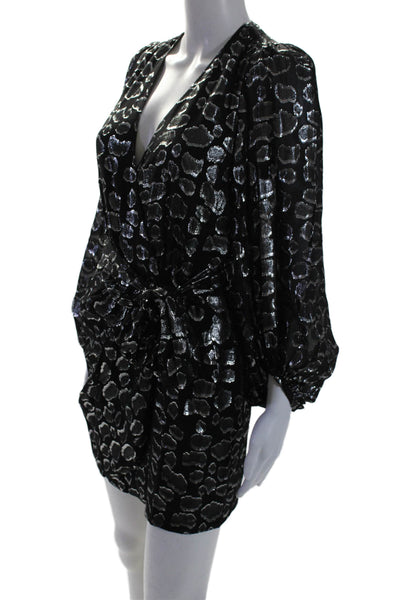 Ba&Sh Women's -Neck Long Sleeves Tie Waist Wrap Mini Dress Black Silver Size XS