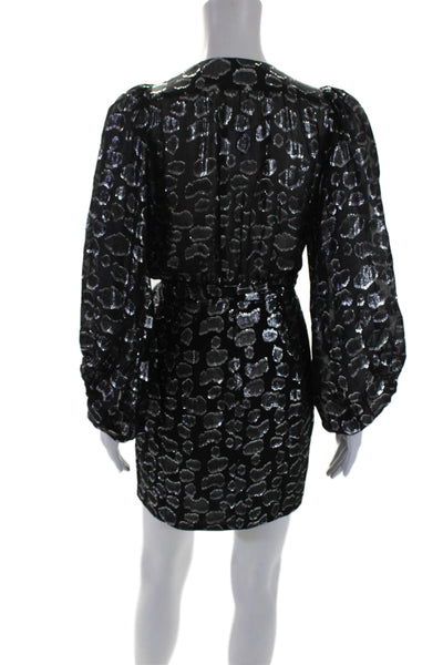 Ba&Sh Women's -Neck Long Sleeves Tie Waist Wrap Mini Dress Black Silver Size XS