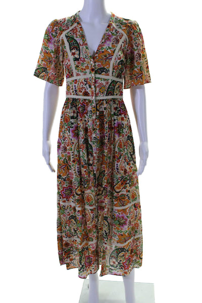 Ba&Sh Women's V-Neck Short Sleeves Smocked Button Down Floral Maxi Dress Size XS