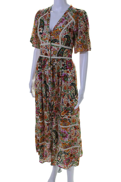 Ba&Sh Women's V-Neck Short Sleeves Smocked Button Down Floral Maxi Dress Size XS