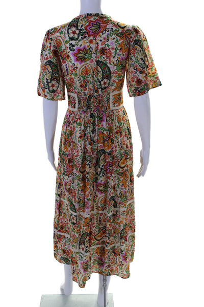 Ba&Sh Women's V-Neck Short Sleeves Smocked Button Down Floral Maxi Dress Size XS