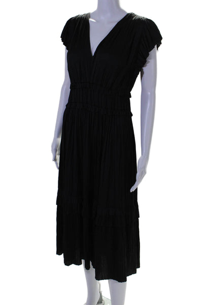 Ulla Johnson Womens Short Sleeves V Neck A Line Maxi Dress Black Size 6