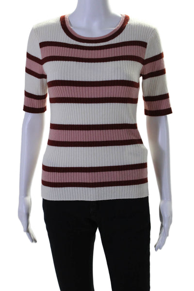 Frame Womens Striped Crew Neck Short Sleeves Sweater Pink Red Wool Size Medium