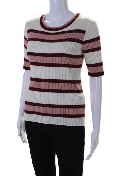 Frame Womens Striped Crew Neck Short Sleeves Sweater Pink Red Wool Size Medium