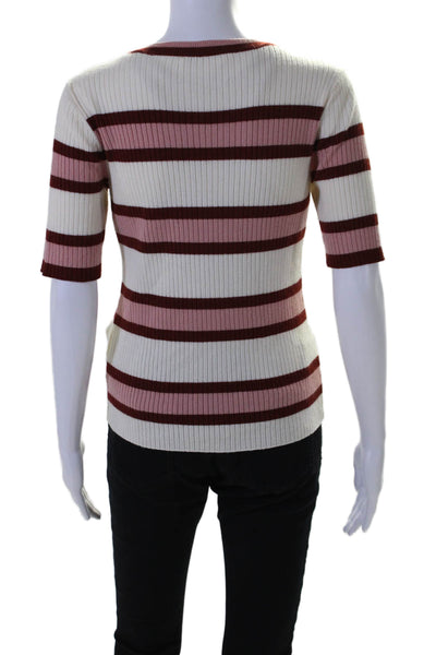 Frame Womens Striped Crew Neck Short Sleeves Sweater Pink Red Wool Size Medium