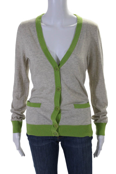 Theory Womens Beige Green Cotton V-Neck Long Sleeve Cardigan Sweater Top Size M