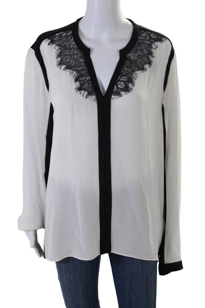 Elie Tahari Womens Silk Lace Trim Long Sleeves Blouse White Black Size Extra Lar