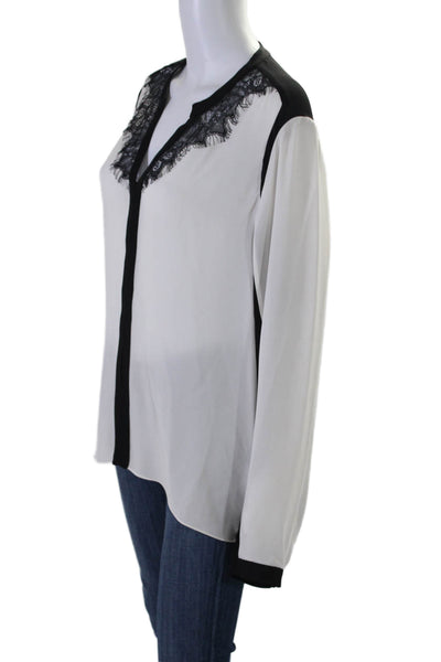 Elie Tahari Womens Silk Lace Trim Long Sleeves Blouse White Black Size Extra Lar