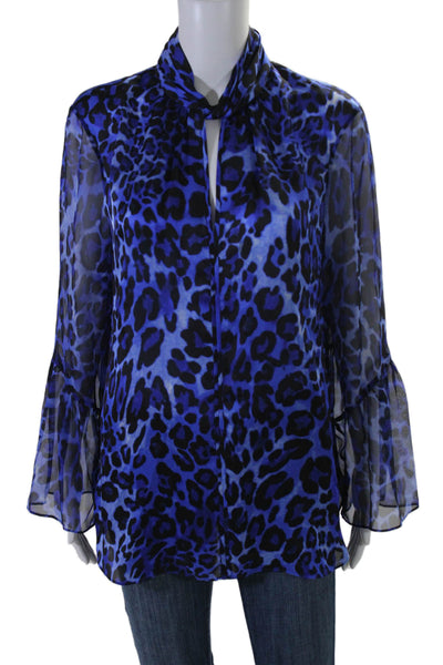 Elie Tahari Womens Silk Animal Print Long Sleeves Blouse Blue Black Size Large