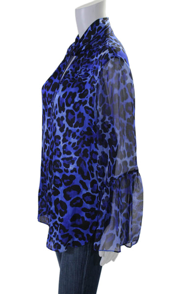 Elie Tahari Womens Silk Animal Print Long Sleeves Blouse Blue Black Size Large