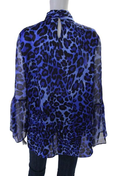 Elie Tahari Womens Silk Animal Print Long Sleeves Blouse Blue Black Size Large