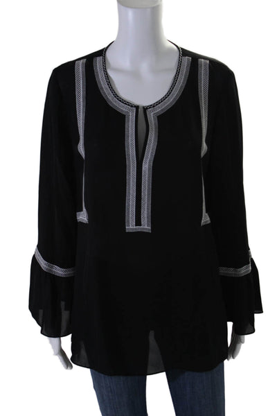 Kobi Halperin Womens Silk Woven Detail Long Sleeves Blouse Black White Size Larg