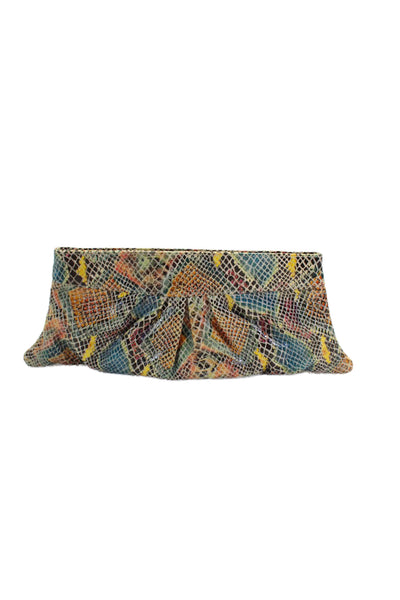 Lauren Merkin Womens Snakeskin Print Inverted Pleat Clutch Handbag Multi Colored