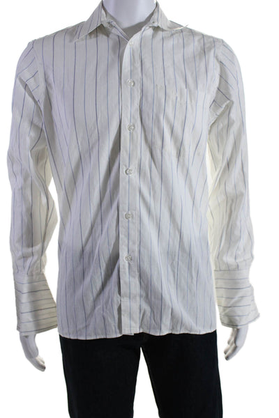 Christian Dior Mens Cotton Striped Print Button Down Shirt White Blue Size 14.5