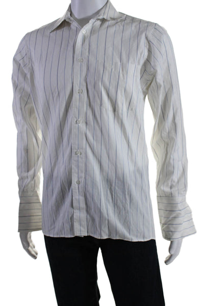 Christian Dior Mens Cotton Striped Print Button Down Shirt White Blue Size 14.5