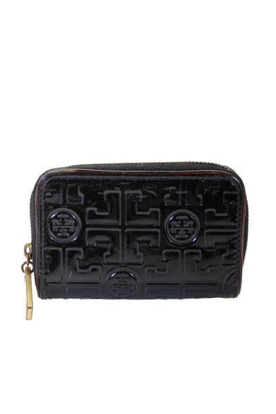 Tory Burch Womens Patent Leather Embossed Zipped Keychain Coin Wallet Black