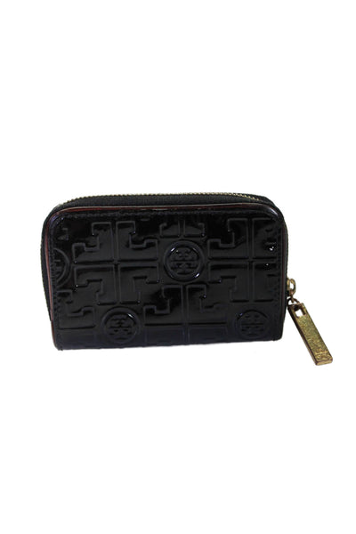 Tory Burch Womens Patent Leather Embossed Zipped Keychain Coin Wallet Black