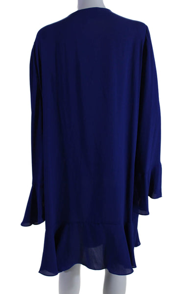 BCBG Max Azria Womens V-Neck Long Sleeve Ruffled Pullover Midi Dress Blue Size L