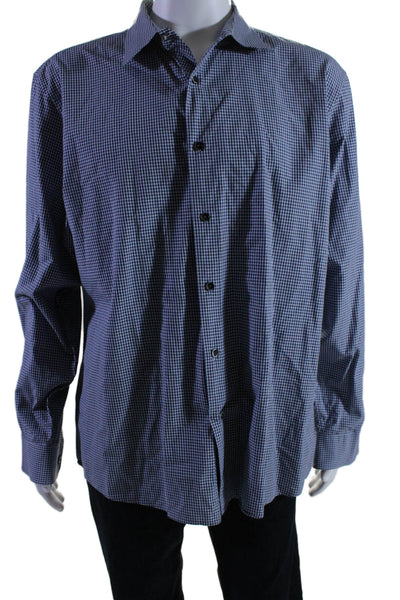 Michael Kors Mens Cotton Check Print Buttoned Long Sleeve Top Blue Size 2XL