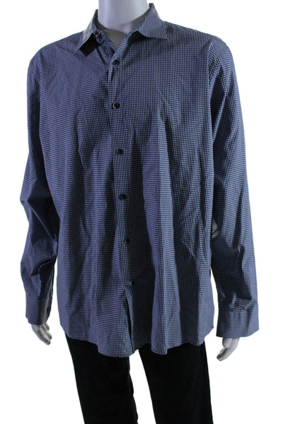 Michael Kors Mens Cotton Check Print Buttoned Long Sleeve Top Blue Size 2XL