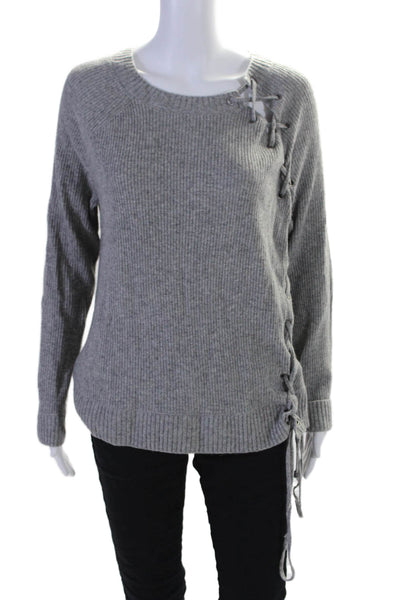 Philanthropy Womens Lace Up Detail Long Sleeves Sweater Gray Wool Size Medium