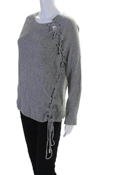 Philanthropy Womens Lace Up Detail Long Sleeves Sweater Gray Wool Size Medium