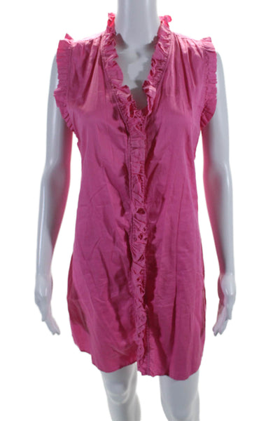 Stark Womens Cotton Ruffled Button Down Sleeveless Shirt Dress Hot Pink Size S