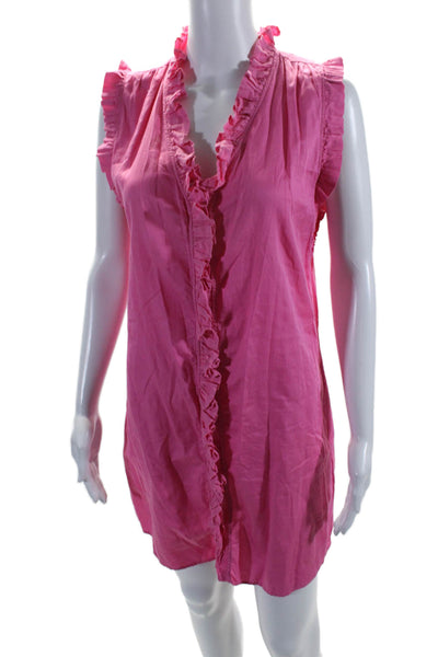 Stark Womens Cotton Ruffled Button Down Sleeveless Shirt Dress Hot Pink Size S