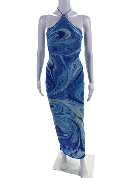 Farai Womens Mesh Abstract Print Halter Neck Bodycon Maxi Dress Blue Size XS