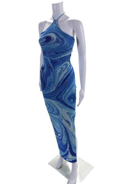 Farai Womens Mesh Abstract Print Halter Neck Bodycon Maxi Dress Blue Size XS