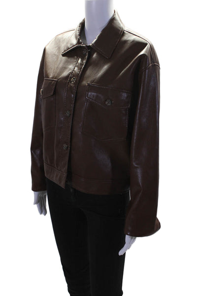 Wilfred Womens Button Up Long Sleeve Collared Faux Leather Jacket Brown Medium