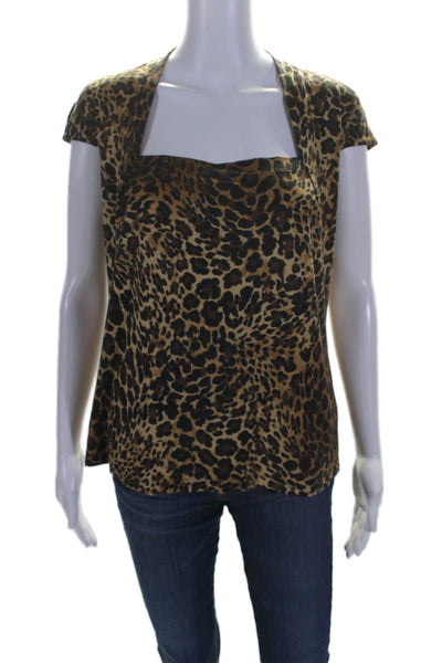 Lafayette 148 New York Womens Animal Print Short Sleeve T-Shirt Top Brown Size L