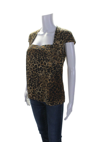 Lafayette 148 New York Womens Animal Print Short Sleeve T-Shirt Top Brown Size L