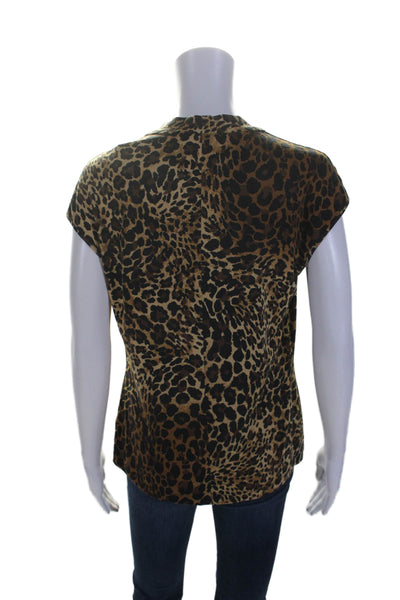 Lafayette 148 New York Womens Animal Print Short Sleeve T-Shirt Top Brown Size L