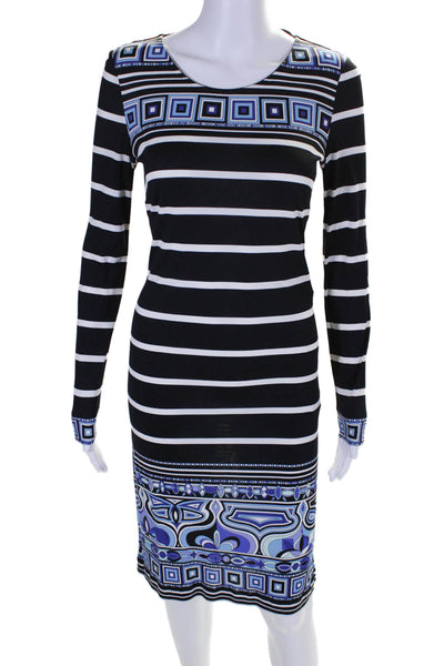 Emilio Pucci Womens Silk Blend Striped Long Sleeves Dress Black White Size 8