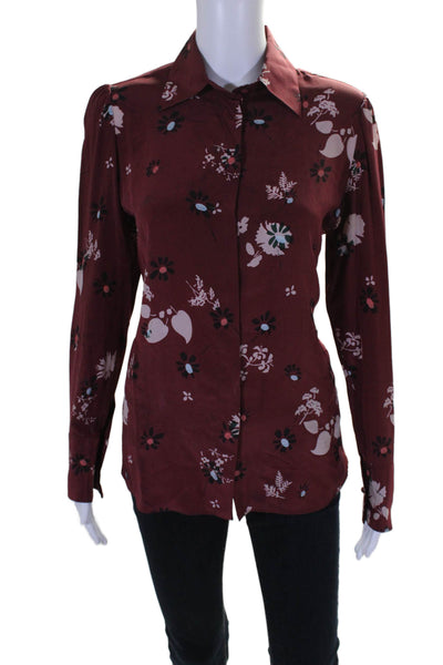 Valentino Womens Silk Floral Print Long Sleeves Button Down Blouse Red Size 4