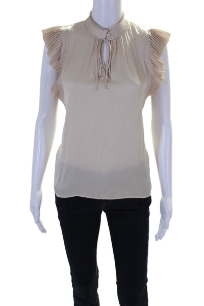 Frame Womnens Pleated Short Sleeves Key Hole Neck Blouse Beige Size Small