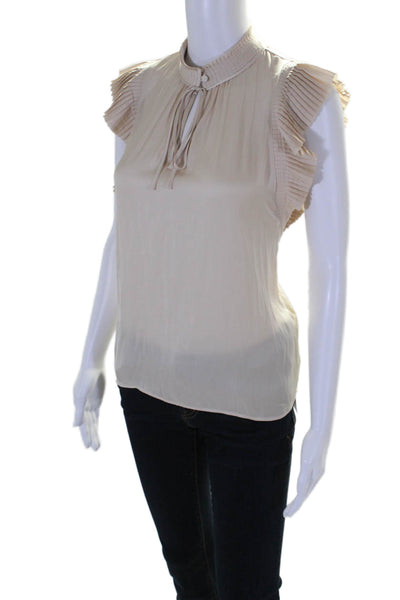 Frame Womnens Pleated Short Sleeves Key Hole Neck Blouse Beige Size Small