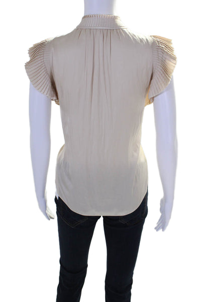 Frame Womnens Pleated Short Sleeves Key Hole Neck Blouse Beige Size Small