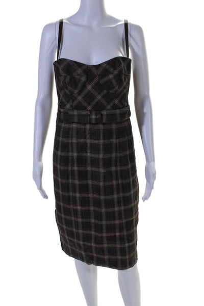 Nanette Lepore Womens Plaid Print Zip Bow Tied Belted Sheath Dress Brown Size 8