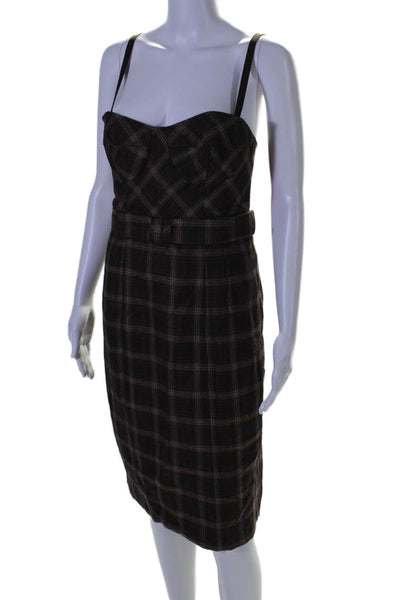 Nanette Lepore Womens Plaid Print Zip Bow Tied Belted Sheath Dress Brown Size 8