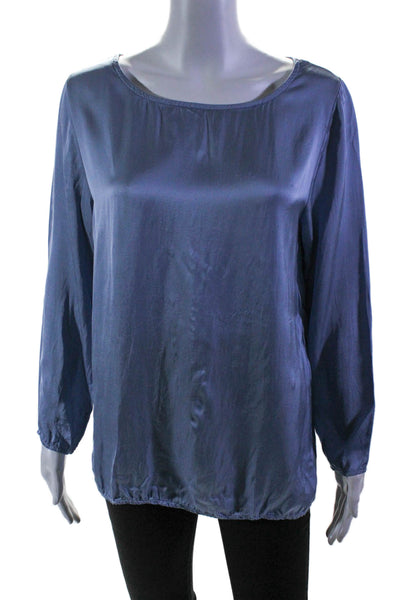 Luna Womens Satin Blue Crew Neck Long Sleeve Blouse Top Size S